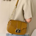 Structured Croc-Embossed Faux Leather Shoulder Bag with Gold-Tone Chain Accent and Geometric Clasp